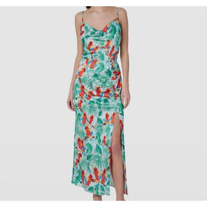 $395 MILLY Women's Green Parrot Print Cowl Neck Midi Dress Size 0 NEW